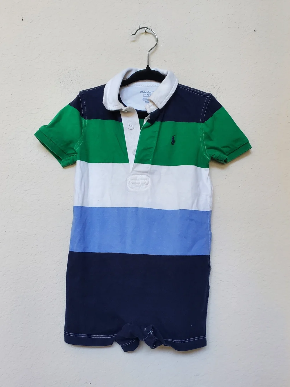 Ralph Lauren Green/White/Blue Striped Polo Romper.  Size 24 Mths